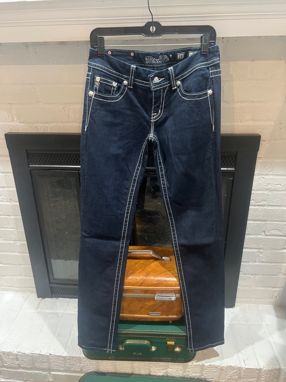 Miss Me Dark Indigo Straight Leg Jeans with White Stitching